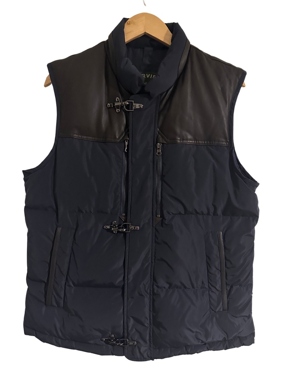 Orvis Down & Feather Puffer Vest Medium Navy Blue Brown Leather Trim Outdoor EUC